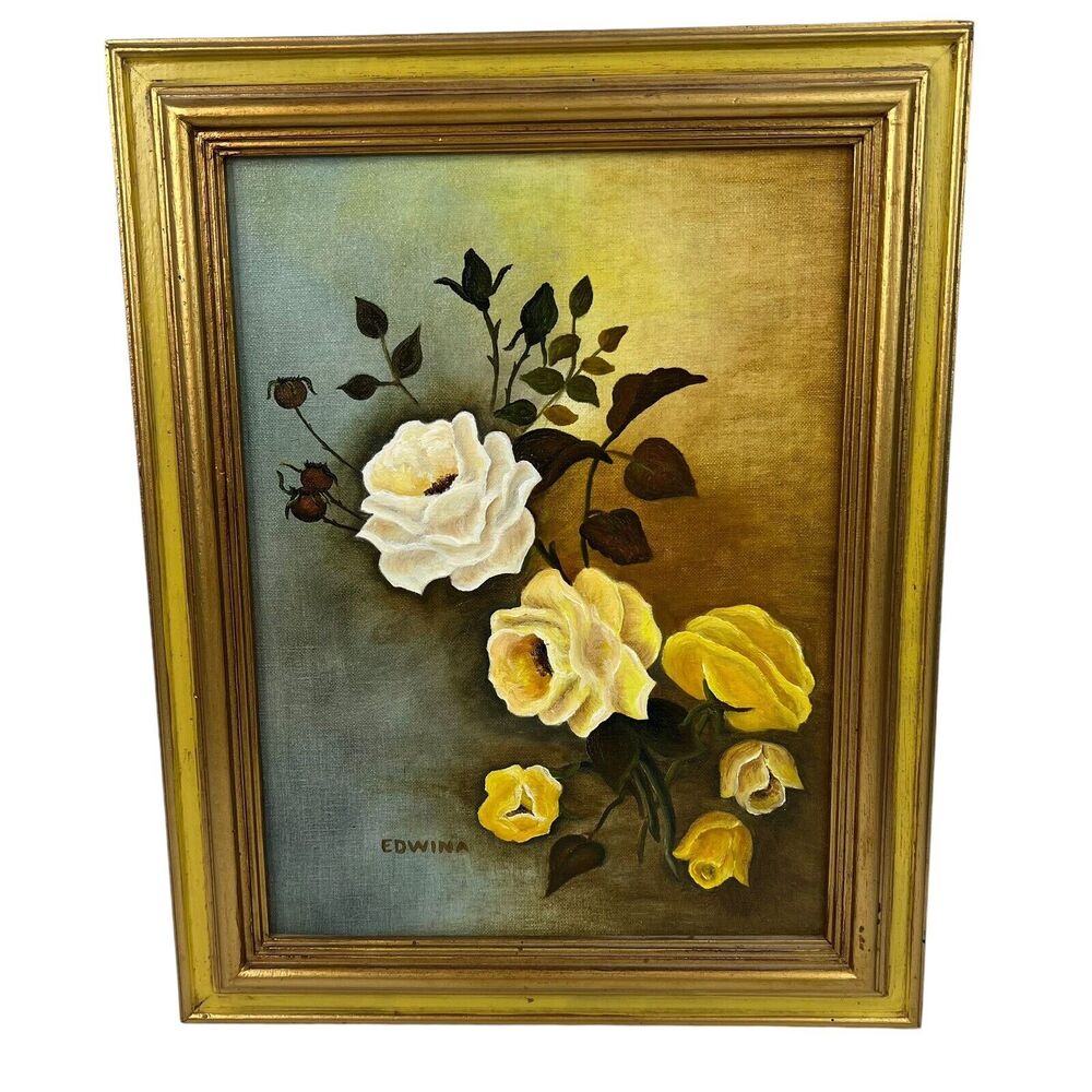Vtg Signed Painting Yellow Roses Rose Flowers Framed MCM Art Floral Wall Hanging